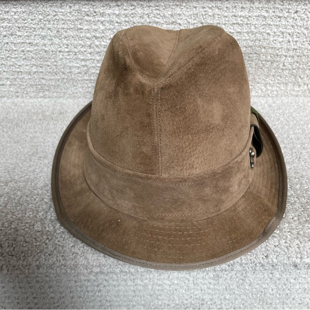 Hush Puppies Vintage Brown Pigskin Feather Dog Logo Men’s Fedora Hat 60’s 70’s View 4